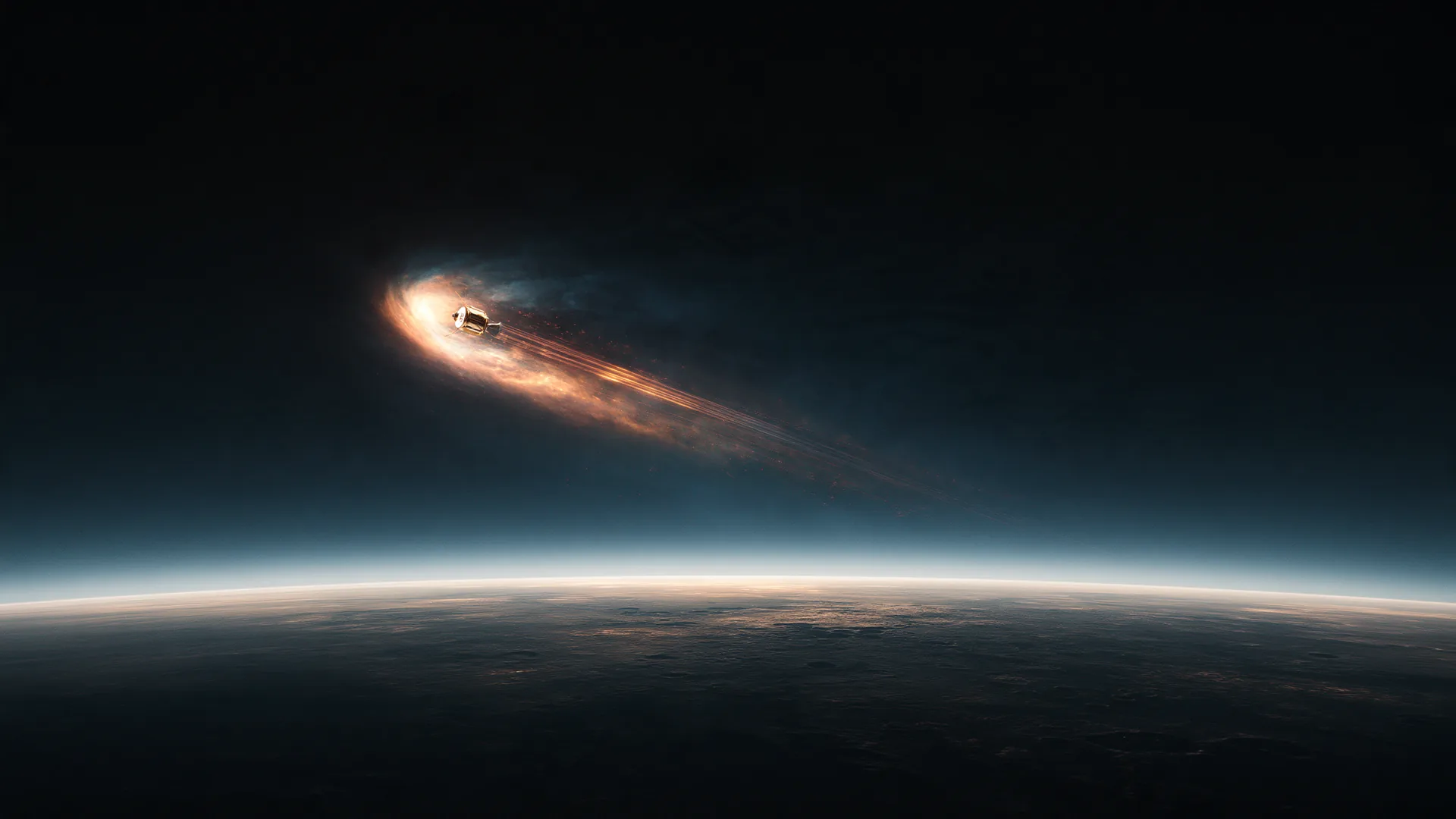 A spacecraft trailing light streaks above the curve of a planet at dawn