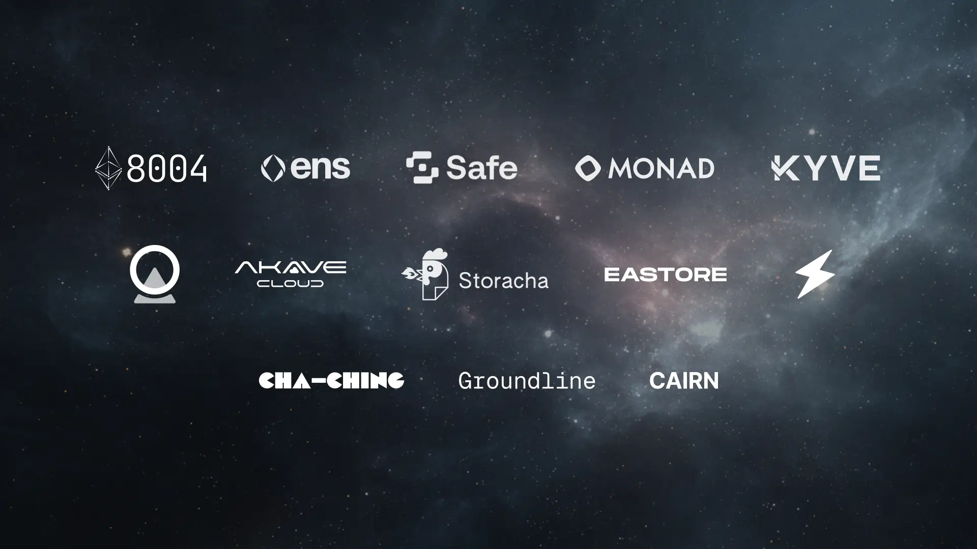 Logos of teams building on Filecoin Onchain Cloud including ecosystem integrations (ERC-8004, ENS, Safe, Monad, KYVE), storage services (Akave Cloud, Storacha), and alpha builder cohort projects (Eastore, Filosign, Cha-Ching, Groundline, Cairn), displayed in white against a dark cosmic background